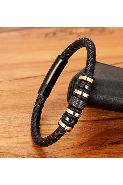 OEM Brățară Bărbați New Icon din Piele Împletită cu Accente Metalice Aurii și Negre
