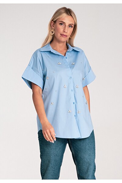 Figl Cămașă cu strasuri - Cămașă cu mânecă scurtă pentru femei - Cămașă albastră M1226 Mărimea L/XL