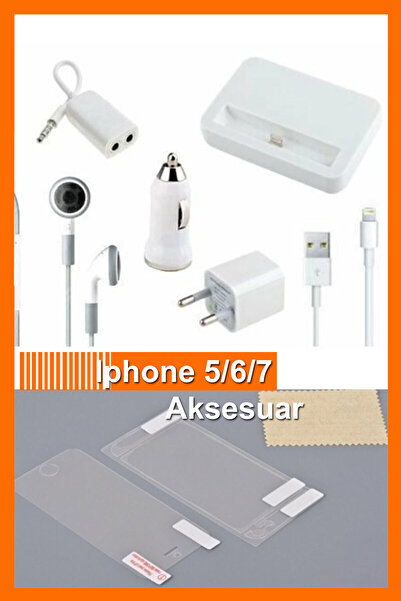 Bundeba Iphone 5/6/7 Aksesuar Şarj Aleti Seti Şarj Kablosu Kulaklık Usb Kablo Araç Çakmaklık Girişi Şarjı