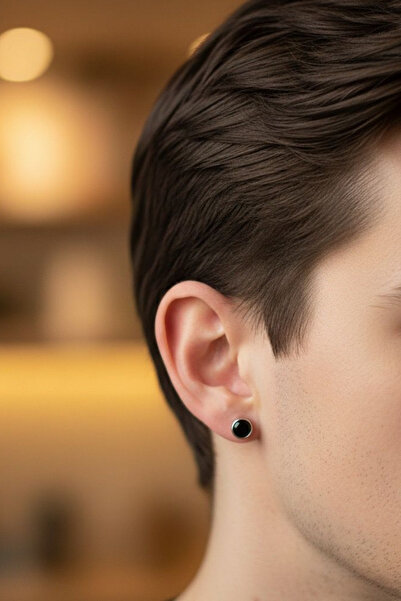 Jaida Moda Unisex Orta Boy Siyah Taşlı Mıknatıslı Deliksiz Çelik Küpe