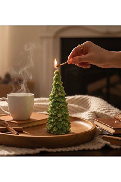 Butik Center Simli Çam Ağacı Dekoratif Mum – Yılbaşı Ağacı Kokulu Mum – El Ya...