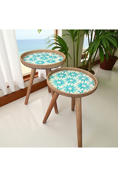 Toprak Design İkili( tabla çapları: 35 ve 30cm) Mozaik Kaplamalı Rattan Zigon...
