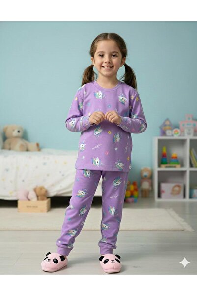 İsobel Kids Isob Lilac Unicorn Patterned Interlock 100% Cotton Girls' Pajama Set 3-8 Years 42009