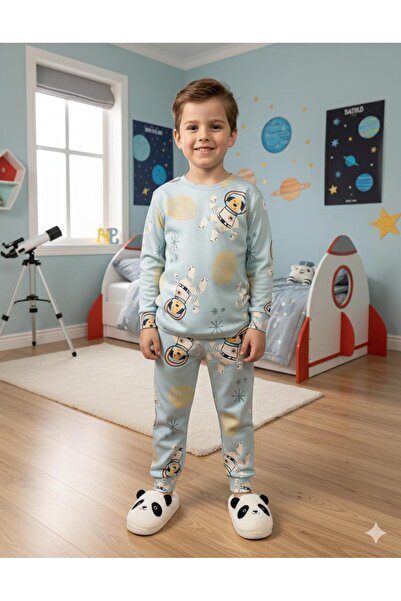 Yağmur Giyim İsob Astronaut Foam Patterned Interlock 100% Cotton Boys Pajama Set 3-13 Years 42008