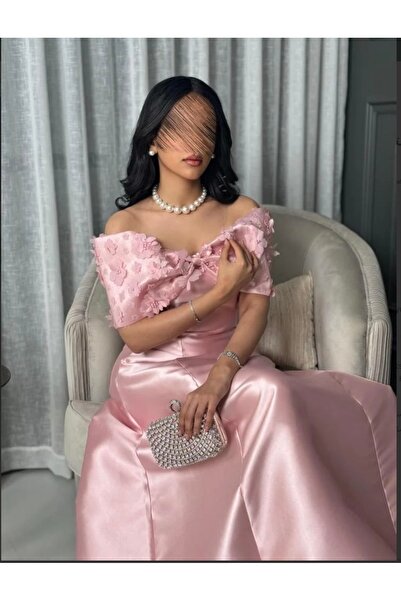 STAYILK DRESSES Pink evening dress with a royal design and off-the-shoulder sleeves
