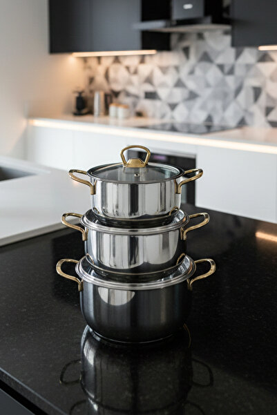 brahimigold 3-Piece Gold Stainless Steel Cookware Set Small Size – Gold Handles, Induction Compatible, Cookware 16-18-20 cm