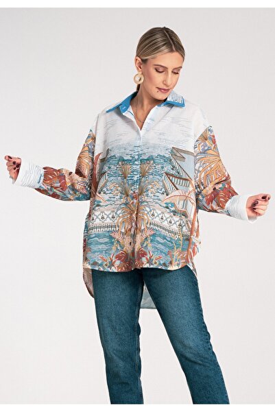 Figl Cămașă lejeră supradimensionată asimetrică albastră de damă M1146 Universal