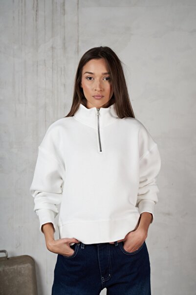 Goddy Κοντό φούτερ με μισό φερμουάρ σε χρώμα εκρού