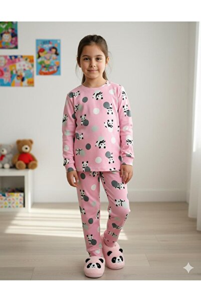 Yağmur Giyim Isob Pink Panda Patterned Interlock 100% Cotton Girls' Pajama Set 3-8 Years Old 42011
