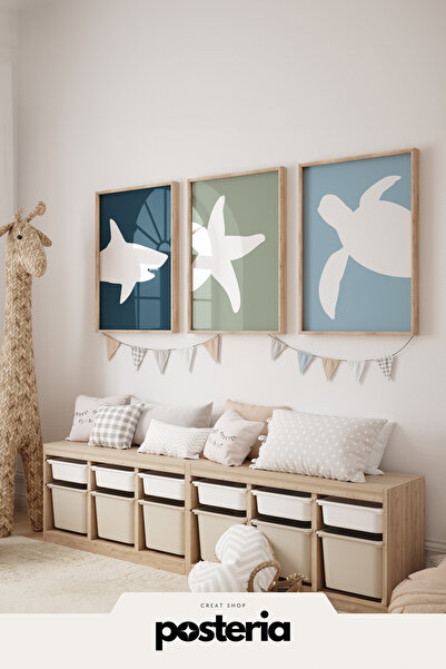 Posteria 3'lü Deniz Altı Çocuk Tablosu, Doğal Ve Beyaz Ahşap Çerçeveli