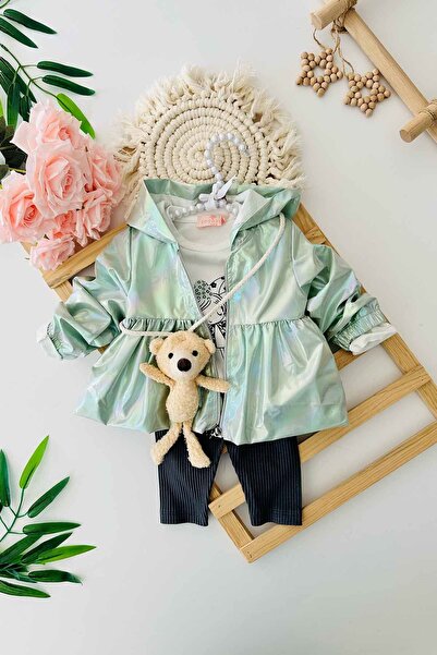 Butik KIZ BEBEK AYICIK ÇANTA DETAYLI YAĞMURLUKLU 3'LÜ ALT ÜST TAKIM