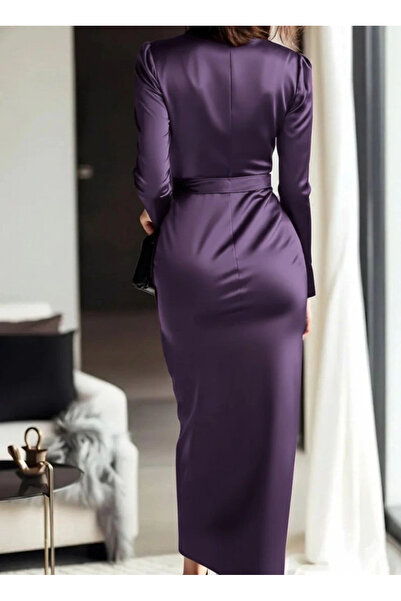 BÜŞRA TEZEL MODA Women's Long Sleeve Double-Breasted Collar Belted Waist Long Satin Dress