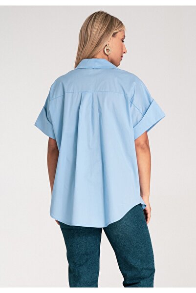 Figl Cămașă cu strasuri - Cămașă cu mânecă scurtă pentru femei - Cămașă albastră M1226 Mărimea L/XL