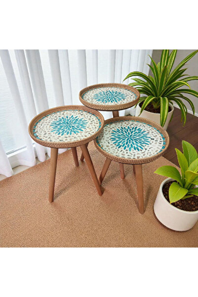 Toprak Design Üçlü (Tabla çapı:35cm) Mozaik Kaplamalı Rattan Zigon sehpa, Boh...
