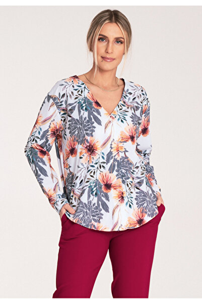 Figl Women's summer shirt - V-neck T-shirt - M1070 white with flowers size XL