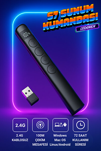 S7 Dijital Ekranlı Şarjlı Lazer Sunum Kumandası Şarj Göstergeli Lazer Powerpoint Laser Pointer Slayt