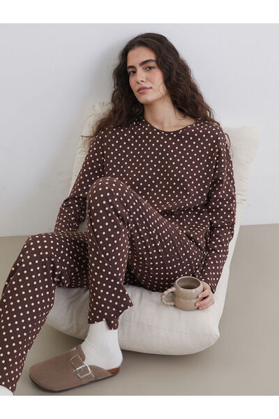 LC Waikiki Σετ γυναικεία πιτζάμα MG TRENDEN καφέ με λαιμόκοψη πουά