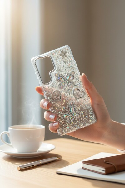 batuteknoloji Samsung Galaxy S24 Ultra Kelebek ve Kalp Kabartmalı Simli Taşlı...