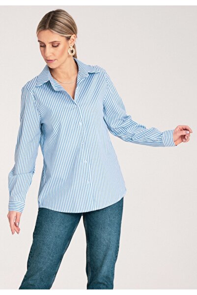 Figl Cămașă elegantă de damă - Cămașă cu dungi de damă - Cămașă albastră M1174 mărimea S/M