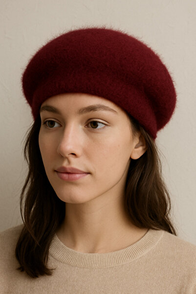 ZERAMİNE Burgundy French Style Plush Painter Beret Hat – Soft Texture / Women