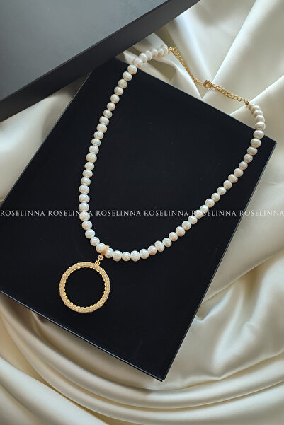 ROSELİNNA Gerçek İncili Tam Altın Çerçeveli Kolye, Gerçek İnci Kolye, Tatlı S...