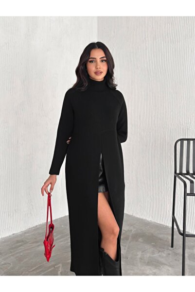 CLB COLLECTION Women's High-Necked Long Knitwear Tunic – Slit Loose Model