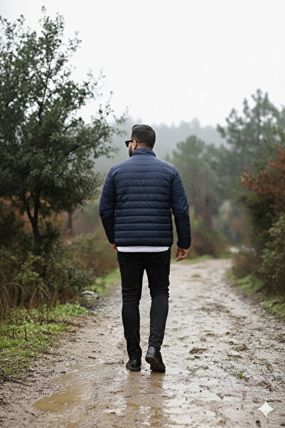 MEYASU Men's Navy Blue Quilted Puffer Jacket with Zippered Inner Pocket