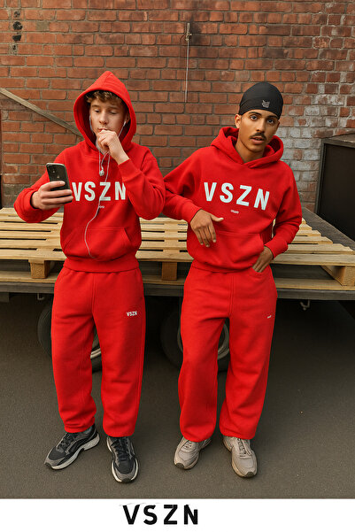 CLASSY.MODA Men's 3 Thread K Hooded Kangaroo Pocket Vszn Letter B Printed Tracksuit Set Relaxed Fit