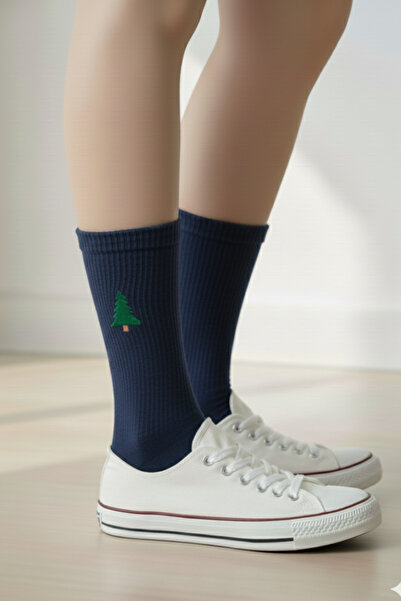 AYDK Women's Colorful Christmas Themed Embroidered Christmas Tree Socks High Cotton Ratio Socks