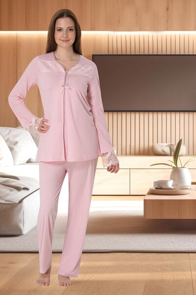 BLACKMORE Women's Powder Special Lace Design Cotton Maternity Morning Gown Pajama Set 3-Piece Set