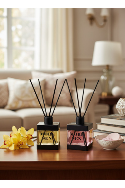 MORESEN 2 Adet, Bambu Çubuklu Oda Kokusu 100mL - Yüksek Esans, Pudra, Vanilya Esanslı, Kare Kırılmaz Ambalaj