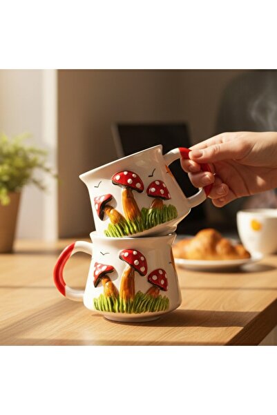 sharp&art Hand Embroidery, Embossed Pattern Country House and Mushrooms Figured Ceramic Mug Cups