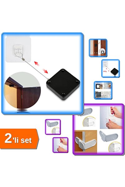 HerEveOyuncak Otomatik Kapı Kapatma Aparatı + Çekmece Kendiliğinde Yapışkanlı Güvenlik Köşe Kilidi - 2li Set Z7L1X