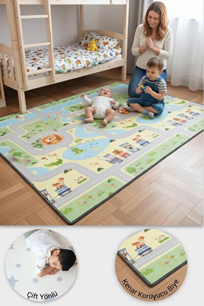 Wellgro Oyun Matı, 200x140x1 cm Çift Taraflı Rulo Oyun Halısı
