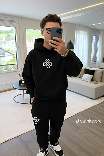 CLASSY.MODA “Set de trening cu buzunar cangur cu trei fire k cu glugă cu model de inimă trifoi cu patru foi b cu imprimeu”