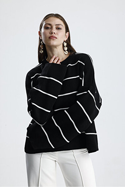 markazzi Pulover lung de tricotat cu dungi negre supradimensionat pentru femei