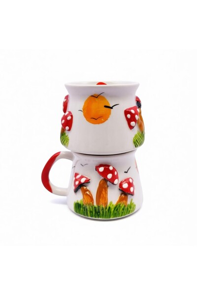 sharp&art Hand Embroidery, Embossed Pattern Country House and Mushrooms Figured Ceramic Mug Cups