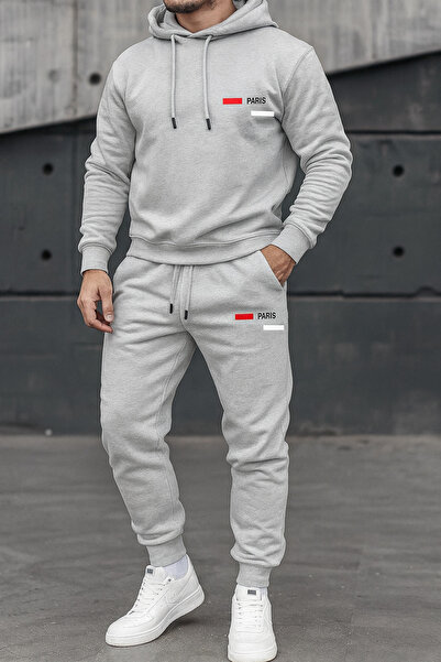 CLASSY.MODA Set de trening cu buzunar cangur pentru bărbați, cu cu glugă fire, PARIS B cu imprimeu K