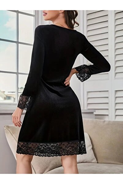 JANES Women's Long Sleeve V Lace Collar Mini Velvet Dress