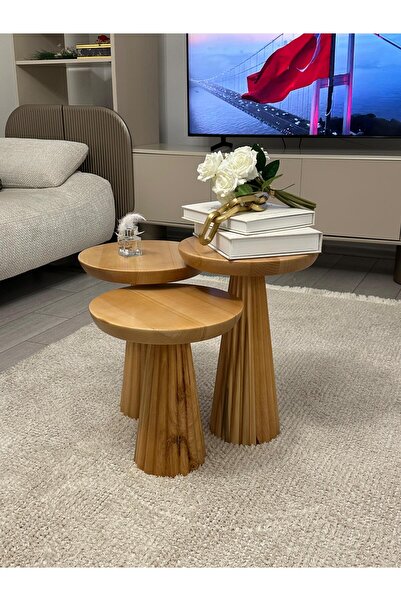 Nova Dizayn DOĞAL AHŞAP VERNİKLİ 3 LÜ MANTAR SEHPA