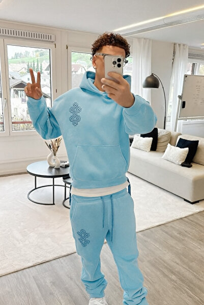 CLASSY.MODA Men's 3 Thread K Hooded Geometric B Printed Tracksuit Set with Ka...