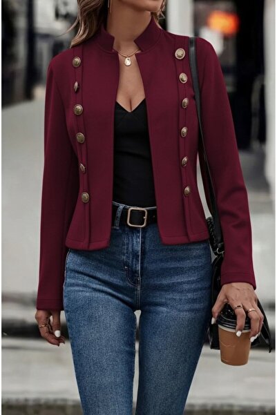 buğrahayalin Women's Long Sleeve High Collar Short Suede Jacket with Buttons on the Sides