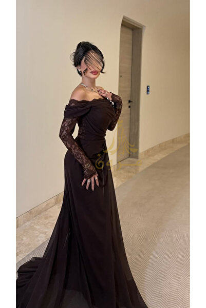 MEZON FASHION Brown chiffon evening dress with lace sleeves