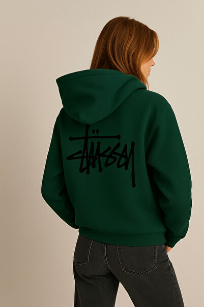 CLASSY.MODA 3 Thread Thick Fabric K Hooded Kangaroo Pocket Back Print Detail O Oversized Comfortable Casual Hoodie