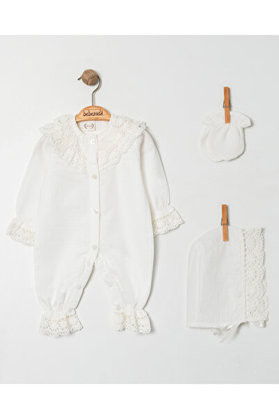 Bebezade طقم رومبير من 3 قطع من قماش الموسلين المزين بالدانتيل