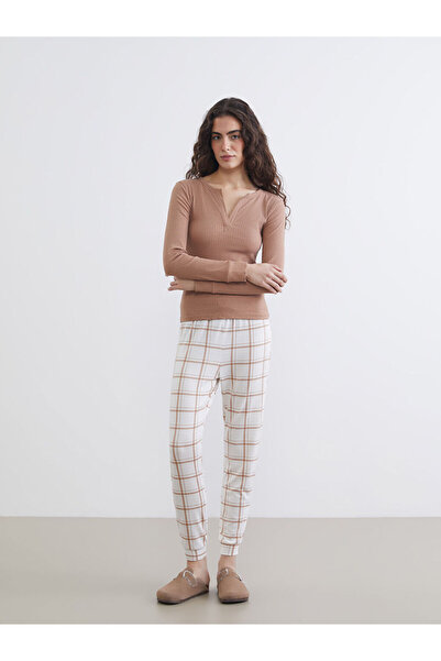 LC Waikiki Καφέ Σετ Γυναικεία Πιτζάμα με Καρό Κολάρο
