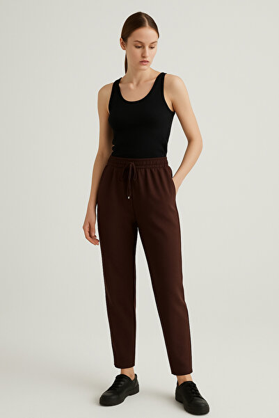AYHAN AYDIN Women's Dark Brown Elastic Waist Ankle Length Double Fabric Pants