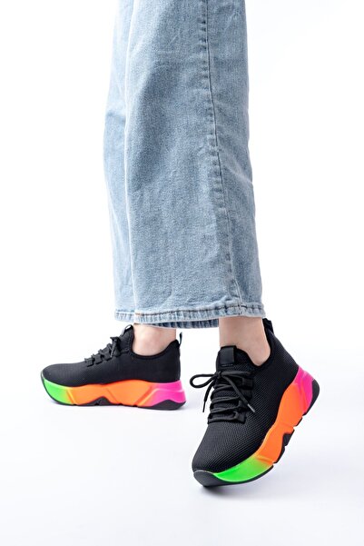 Zerenyus Zri̇n-400 Premium Black Color Lace-Up Knitwear Colorful Sole Women's Sneaker