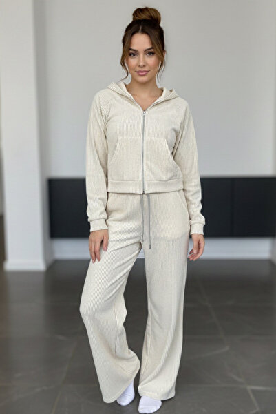 Le'sluette shadow of style Women's Stone Color Velvet Zipper Detailed Elastic Waist Top and Bottom Two-Piece Set