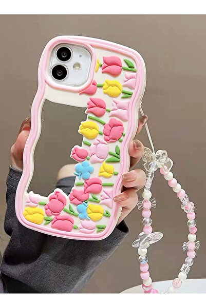 EDELFU iPhone 11 - Aynalı Lale Desenli Yumuşak Kapak Pembe Dayanıklı Bileklik Boncuklu Telefon Kılıfı
